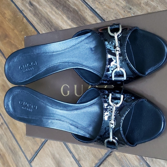 Authentic GUCCI Guccissima Black Patent Sandals Heels Slides 36 C - Picture 3 of 12